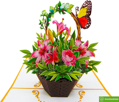 Flower bouquet with butterfly, Pop Up Card, 3D Popup Greeting Cards, for Birthday, Valentine's Day, Mothers's Day, Spring, Father's Day, Graduation, Wedding