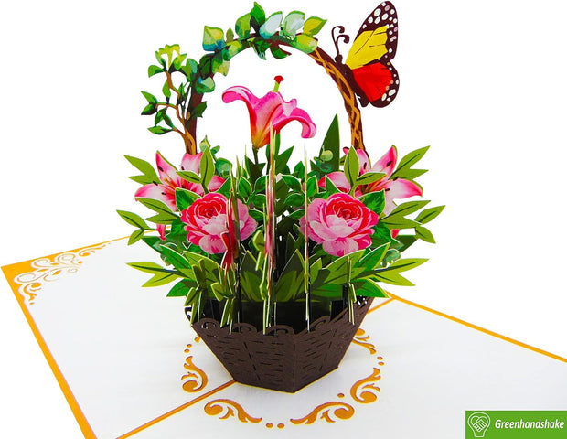 Flower bouquet with butterfly, Pop Up Card, 3D Popup Greeting Cards, for Birthday, Valentine's Day, Mothers's Day, Spring, Father's Day, Graduation, Wedding