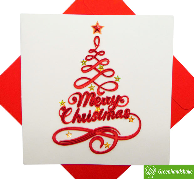 Christmas Tree With Red Star, Quilling Greeting Card - Unique Dedicated Handmade/Heartmade Art. Design Greeting Card for all occasion