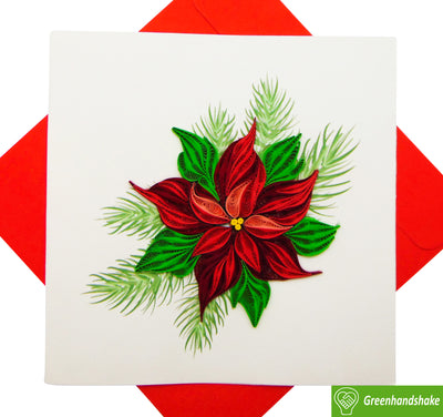 Red poinsettia flower Christmas, Quilling Greeting Card - Unique Dedicated Handmade/Heartmade Art. Design Greeting Card for all occasion