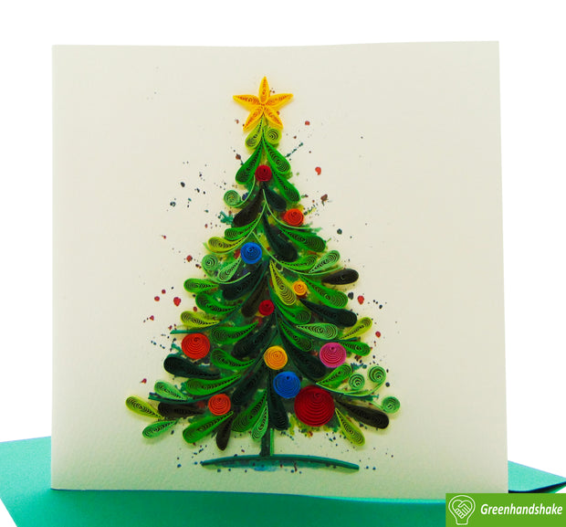 Christmas Tree With Yellow Star, Quilling Greeting Card - Unique Dedicated Handmade/Heartmade Art. Design Greeting Card for all occasion