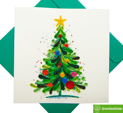 Christmas Tree With Yellow Star, Quilling Greeting Card - Unique Dedicated Handmade/Heartmade Art. Design Greeting Card for all occasion