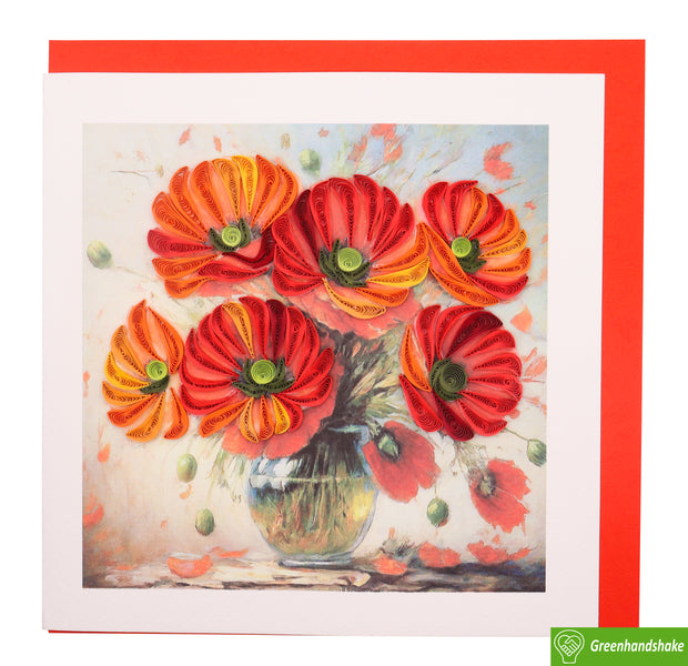 Poppies Bouquet in Vase Quilling Greeting Card - Unique Dedicated Handmade/Heartmade Art. Design Greeting Card for all occasion by GREENHANDSHAKE (Copy) (Copy)