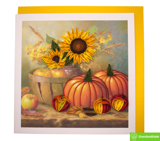 Autumn Blessings, Sunflowers and Pumpkins, Quilling Greeting Card - Unique Dedicated Handmade/Heartmade Art. Design Greeting Card for all occasion