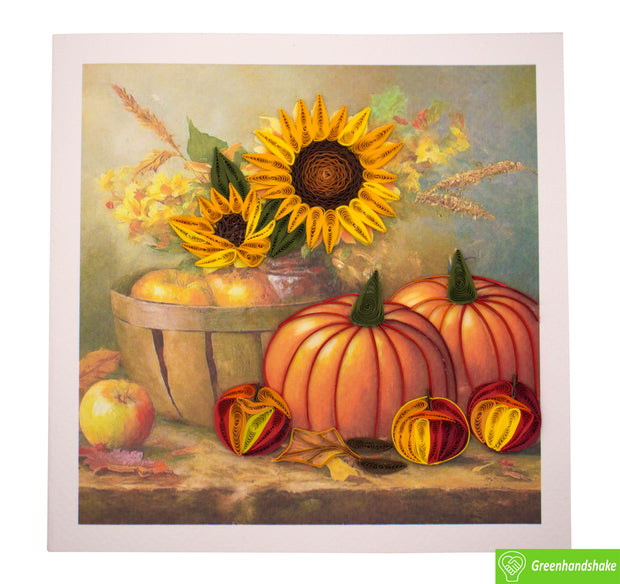 Autumn Blessings, Sunflowers and Pumpkins, Quilling Greeting Card - Unique Dedicated Handmade/Heartmade Art. Design Greeting Card for all occasion