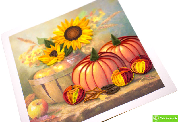 Autumn Blessings, Sunflowers and Pumpkins, Quilling Greeting Card - Unique Dedicated Handmade/Heartmade Art. Design Greeting Card for all occasion