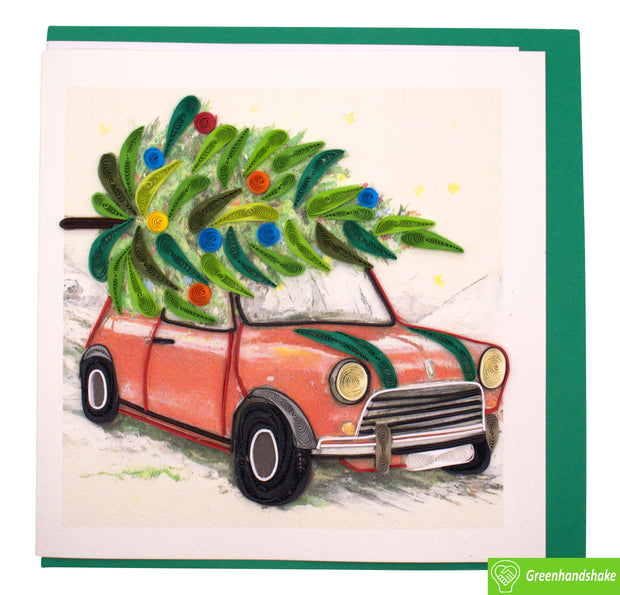 Car with Christmas Tree, Quilling Greeting Card - Unique Dedicated Handmade/Heartmade Art. Design Greeting Card for all occasion