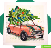 Car with Christmas Tree, Quilling Greeting Card - Unique Dedicated Handmade/Heartmade Art. Design Greeting Card for all occasion