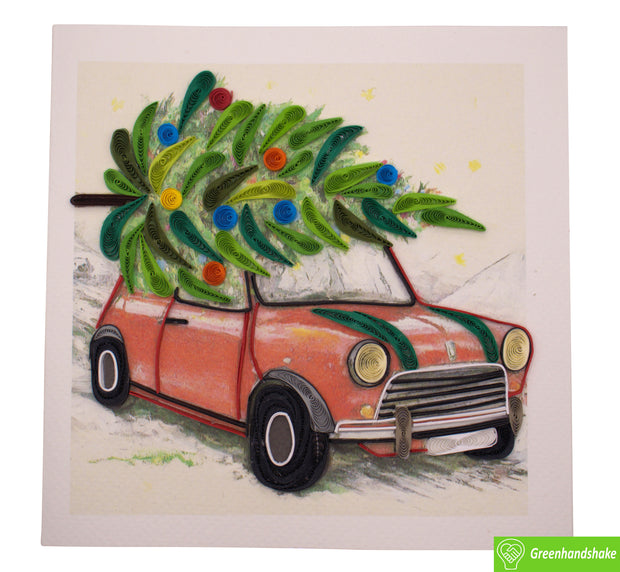 Car with Christmas Tree, Quilling Greeting Card - Unique Dedicated Handmade/Heartmade Art. Design Greeting Card for all occasion