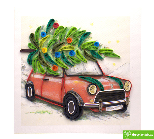 Car with Christmas Tree, Quilling Greeting Card - Unique Dedicated Handmade/Heartmade Art. Design Greeting Card for all occasion