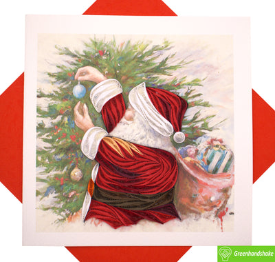 Vintage Santa decorating tree, Quilling Greeting Card - Unique Dedicated Handmade/Heartmade Art. Design Greeting Card for all occasion