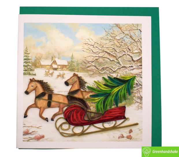 Sleigh Ride with Tree, Quilling Greeting Card - Unique Dedicated Handmade/Heartmade Art. Design Greeting Card for all occasion