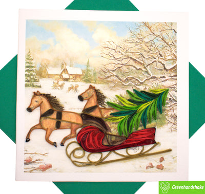 Sleigh Ride with Tree, Quilling Greeting Card - Unique Dedicated Handmade/Heartmade Art. Design Greeting Card for all occasion