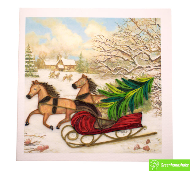 Sleigh Ride with Tree, Quilling Greeting Card - Unique Dedicated Handmade/Heartmade Art. Design Greeting Card for all occasion