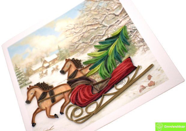 Sleigh Ride with Tree, Quilling Greeting Card - Unique Dedicated Handmade/Heartmade Art. Design Greeting Card for all occasion