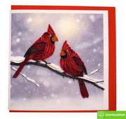 Winter Cardinals on Snowy Branch, Quilling Greeting Card - Unique Dedicated Handmade/Heartmade Art. Design Greeting Card for all occasion