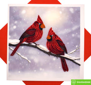 Winter Cardinals on Snowy Branch, Quilling Greeting Card - Unique Dedicated Handmade/Heartmade Art. Design Greeting Card for all occasion