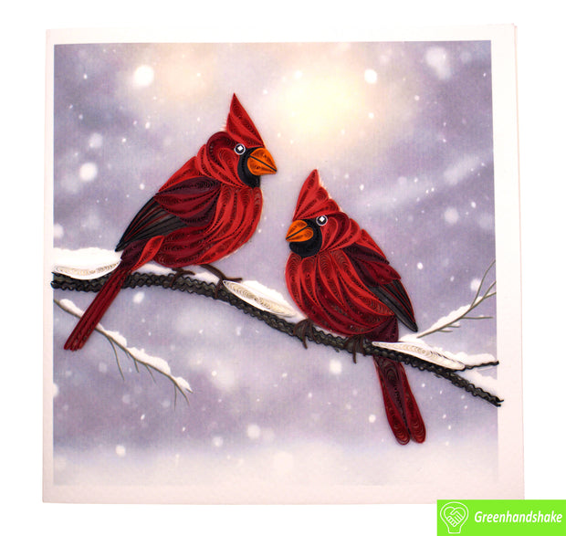 Winter Cardinals on Snowy Branch, Quilling Greeting Card - Unique Dedicated Handmade/Heartmade Art. Design Greeting Card for all occasion