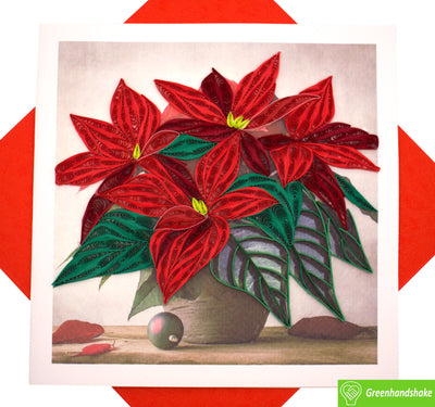 Potted Poinsettia Christmas Wishes, Quilling Greeting Card - Unique Dedicated Handmade/Heartmade Art. Design Greeting Card for all occasion