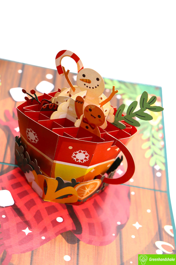 Snowmen Celebration in a Coffee Cup, Christmas Pop Up Card 3D Collection - Handmade 3D Popup Greeting Cards for Christmas, Holiday, Xmas Gift