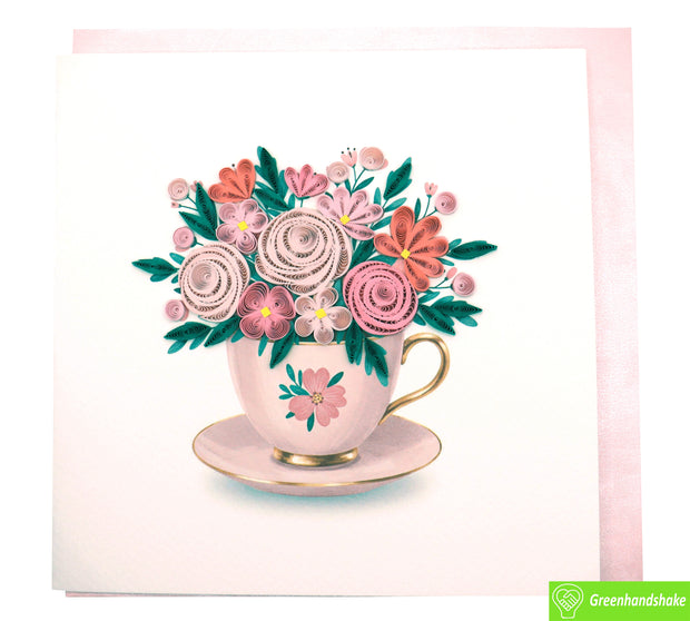 Floral Tea Delight, Quilling Greeting Card - Unique Dedicated Handmade Art. Design Greeting Card for all occasion by GREENHANDSHAKE