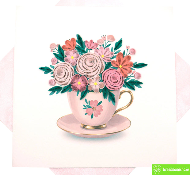 Floral Tea Delight, Quilling Greeting Card - Unique Dedicated Handmade Art. Design Greeting Card for all occasion by GREENHANDSHAKE