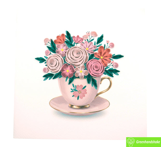 Floral Tea Delight, Quilling Greeting Card - Unique Dedicated Handmade Art. Design Greeting Card for all occasion by GREENHANDSHAKE