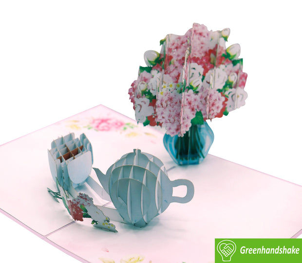 Tea Time with Hydrangeas, Pop Up Card, 3D Popup Greeting Cards - Unique Dedicated Handmade/Heartmade Art. Design Greeting Card for all occasion