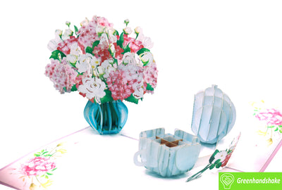 Tea Time with Hydrangeas, Pop Up Card, 3D Popup Greeting Cards - Unique Dedicated Handmade/Heartmade Art. Design Greeting Card for all occasion