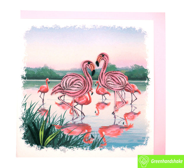Peaceful Flamingos, Quilling Greeting Card - Unique Dedicated Handmade Art. Design Greeting Card for all occasion by GREENHANDSHAKE