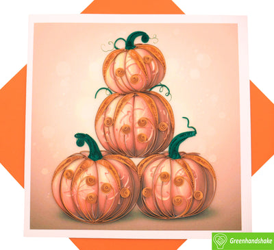 Tower of Pumpkins, Quilling Greeting Card - Unique Dedicated Handmade/Heartmade Art. Design Greeting Card for all occasion