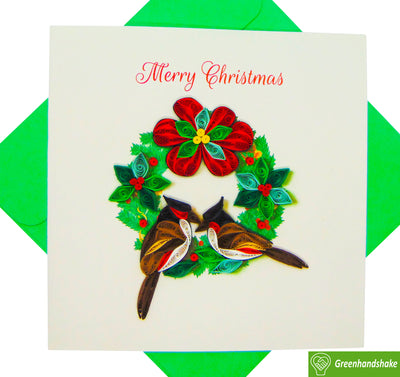 Christmas Wreath And Cute Birds, Quilling Greeting Card - Unique Dedicated Handmade/Heartmade Art. Design Greeting Card for all occasion