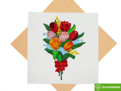 Tulip Bouquet Quilling Greeting Card - Unique Dedicated Handmade/Heartmade Art. Design Greeting Card for all occasion by GREENHANDSHAKE