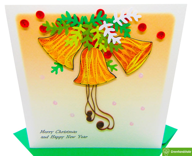 Golden Christmas bells, Quilling Greeting Card - Unique Dedicated Handmade/Heartmade Art. Design Greeting Card for all occasion