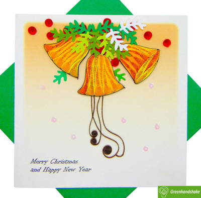 Golden Christmas bells, Quilling Greeting Card - Unique Dedicated Handmade/Heartmade Art. Design Greeting Card for all occasion