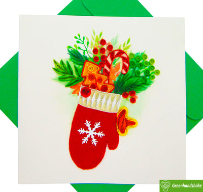 Christmas gift decoration glove, Quilling Greeting Card - Unique Dedicated Handmade/Heartmade Art. Design Greeting Card for all occasion