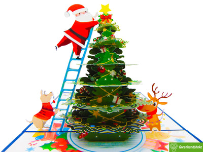 Santa decorating Christmas tree, Christmas Pop Up Card 3D Collection - Handmade 3D Popup Greeting Cards for Christmas, Holiday, Xmas Gift