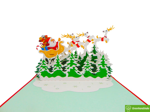 Santa riding his sleigh with reindeers, Christmas Pop Up Card 3D Collection - Handmade 3D Popup Greeting Cards for Christmas, Holiday, Xmas Gift