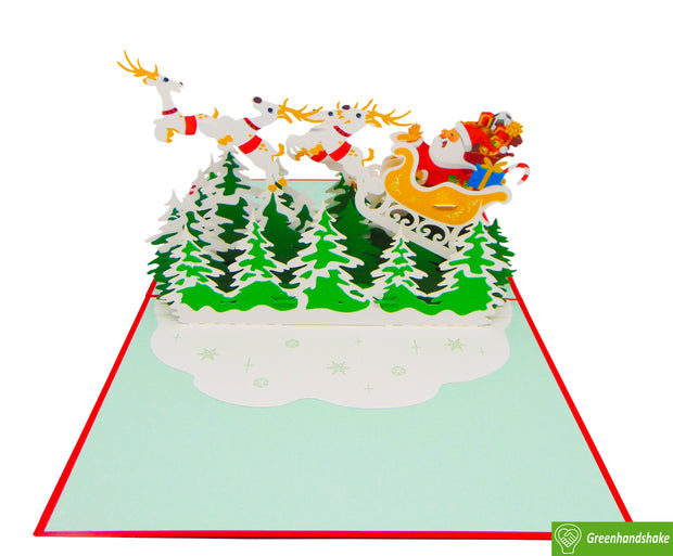 Santa riding his sleigh with reindeers, Christmas Pop Up Card 3D Collection - Handmade 3D Popup Greeting Cards for Christmas, Holiday, Xmas Gift