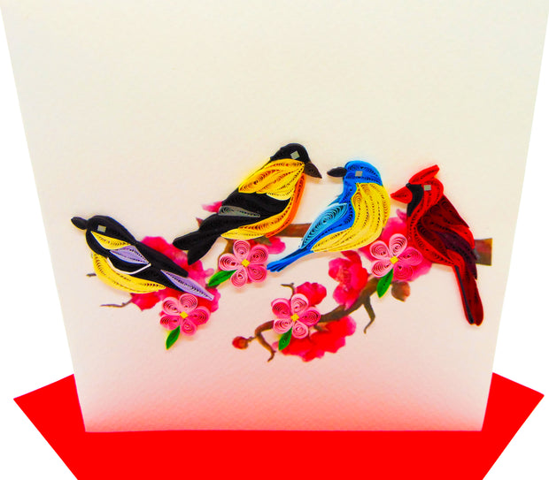 Four Colorful Birds sitting in a tree - Unique Dedicated Handmade/Heartmade Art. Design Greeting Card for all occasion by GREENHANDSHAKE