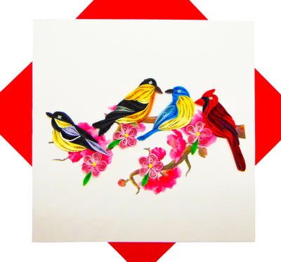 Four Colorful Birds sitting in a tree - Unique Dedicated Handmade/Heartmade Art. Design Greeting Card for all occasion by GREENHANDSHAKE