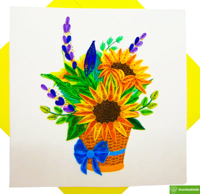 Basket of Sunflowers Quilling Greeting Card - Unique Dedicated Handmade/Heartmade Art. Design Greeting Card for all occasion by GREENHANDSHAKE