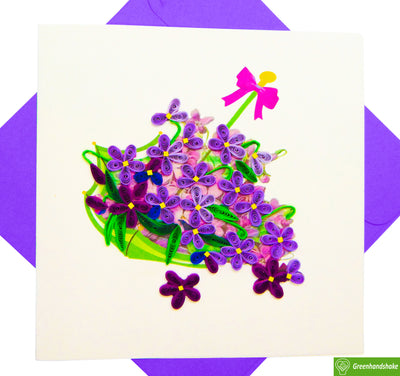 Basket of Violets Quilling Greeting Card - Unique Dedicated Handmade/Heartmade Art. Design Greeting Card for all occasion