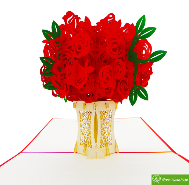 Rose Arrangement with Vase, Pop Up Card, 3D Popup Greeting Card, Unique Dedicated Handmade Art. Design Greeting Card for all occasion