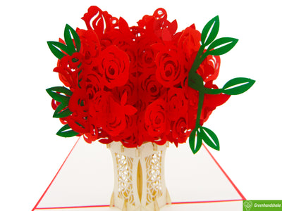 Rose Arrangement with Vase, Pop Up Card, 3D Popup Greeting Card, Unique Dedicated Handmade Art. Design Greeting Card for all occasion