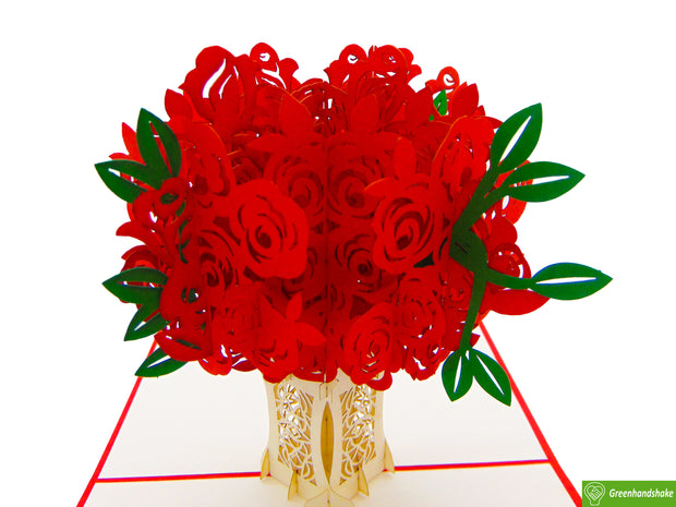 Rose Arrangement with Vase, Pop Up Card, 3D Popup Greeting Card, Unique Dedicated Handmade Art. Design Greeting Card for all occasion
