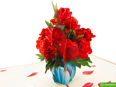 Red Rose Vase, Pop Up Card, 3D Popup Greeting Cards - Unique Dedicated Handmade/Heartmade Art. Design Greeting Card for all occasion