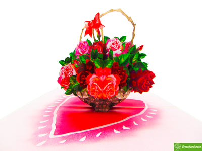 Basket of Roses, Pop Up Card, 3D Popup Greeting Cards - Unique Dedicated Handmade/Heartmade Art. Design Greeting Card for all occasion