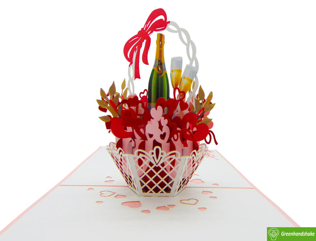 Flower arrangement with champagne, Pop Up Card, 3D Popup Greeting Card, Unique Dedicated Handmade Art. Design Greeting Card for all occasion