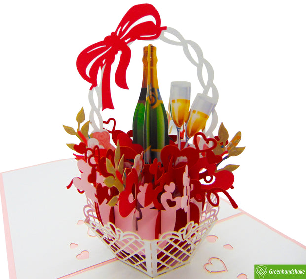 Flower arrangement with champagne, Pop Up Card, 3D Popup Greeting Card, Unique Dedicated Handmade Art. Design Greeting Card for all occasion